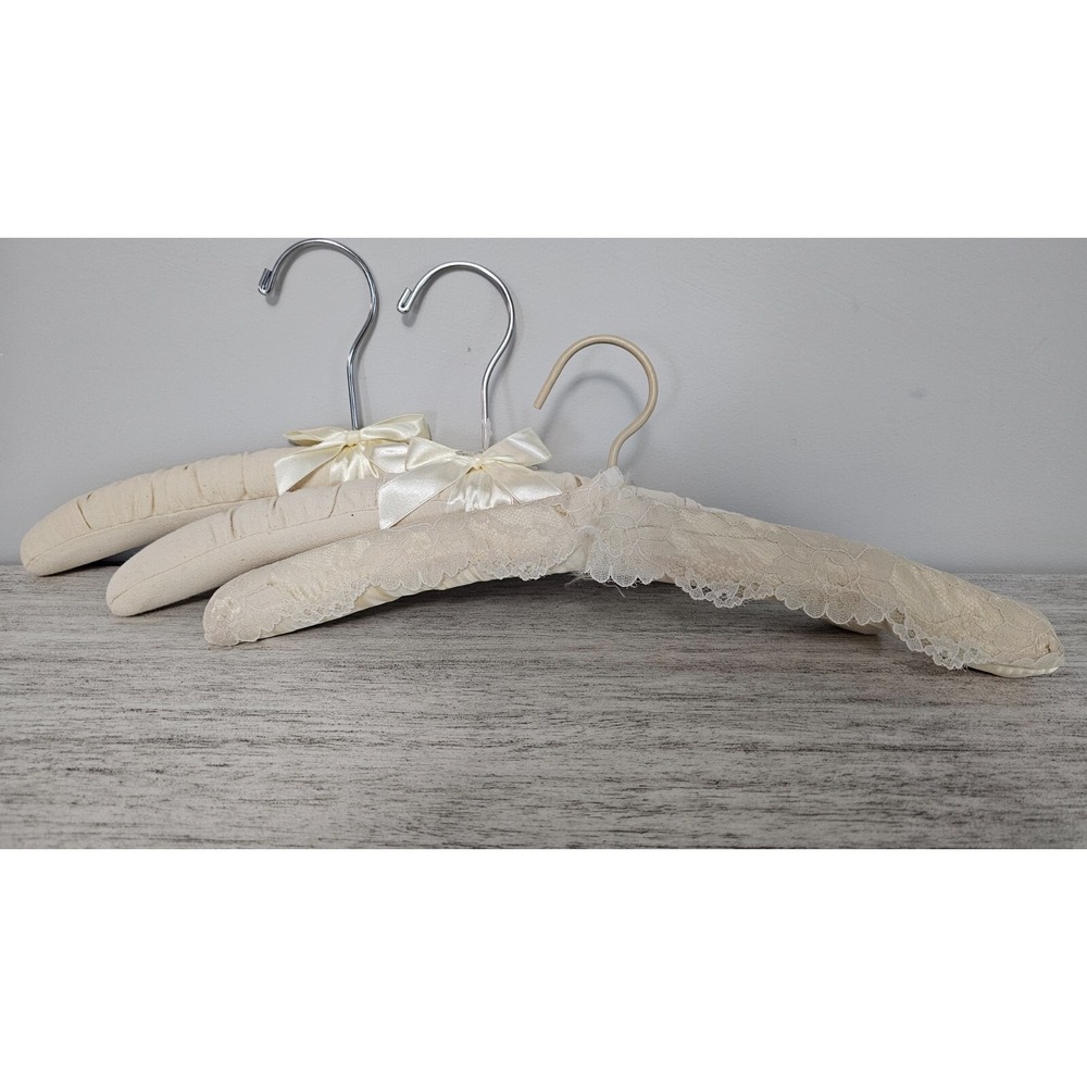 Clothes Hangers Ivory Lot of 3 Vintage Padded Canvas Satin Lace Lingerie